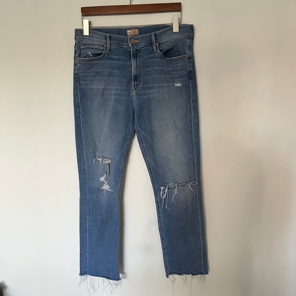 Mother Denim Mid Rise Dazzler Ankle Fray Distressed Jeans Wash Blue Raw Hem 32